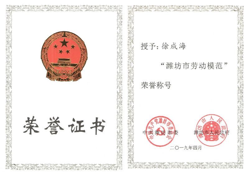 【员工风采】龙港无机硅员工徐成海荣获“潍坊市劳动模范”荣誉称号！